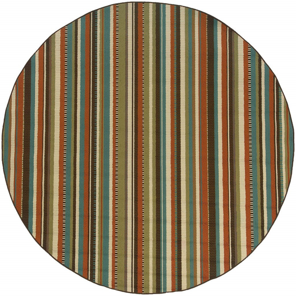 8' Round Green And Brown Striped Indoor Outdoor Area Rug