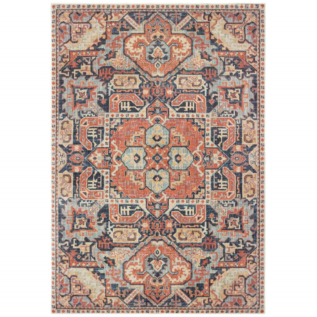 7'X10' Blue And Orange Tribal Area Rug