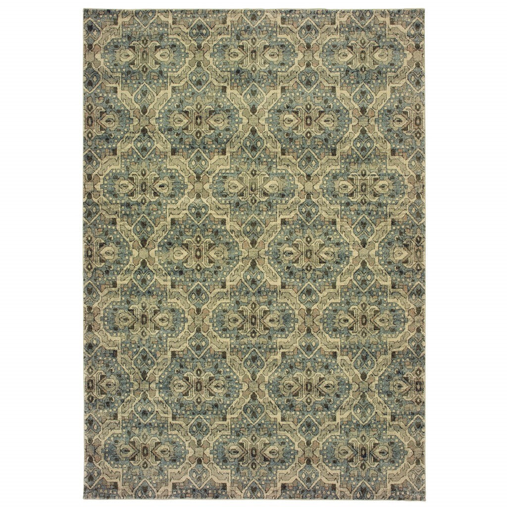 7'X10' Ivory And Blue Geometric Area Rug