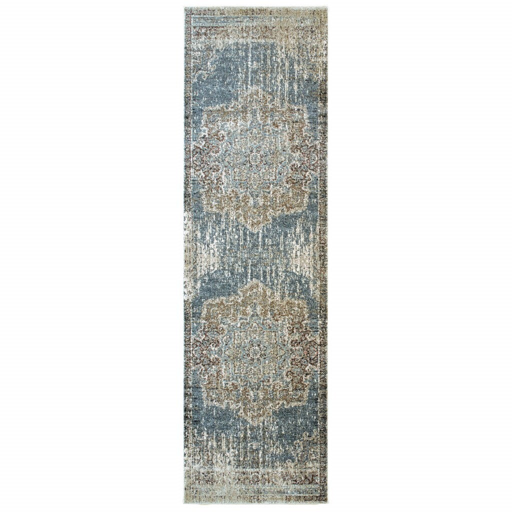 2'X8' Blue And Ivory Medallion Runner Rug