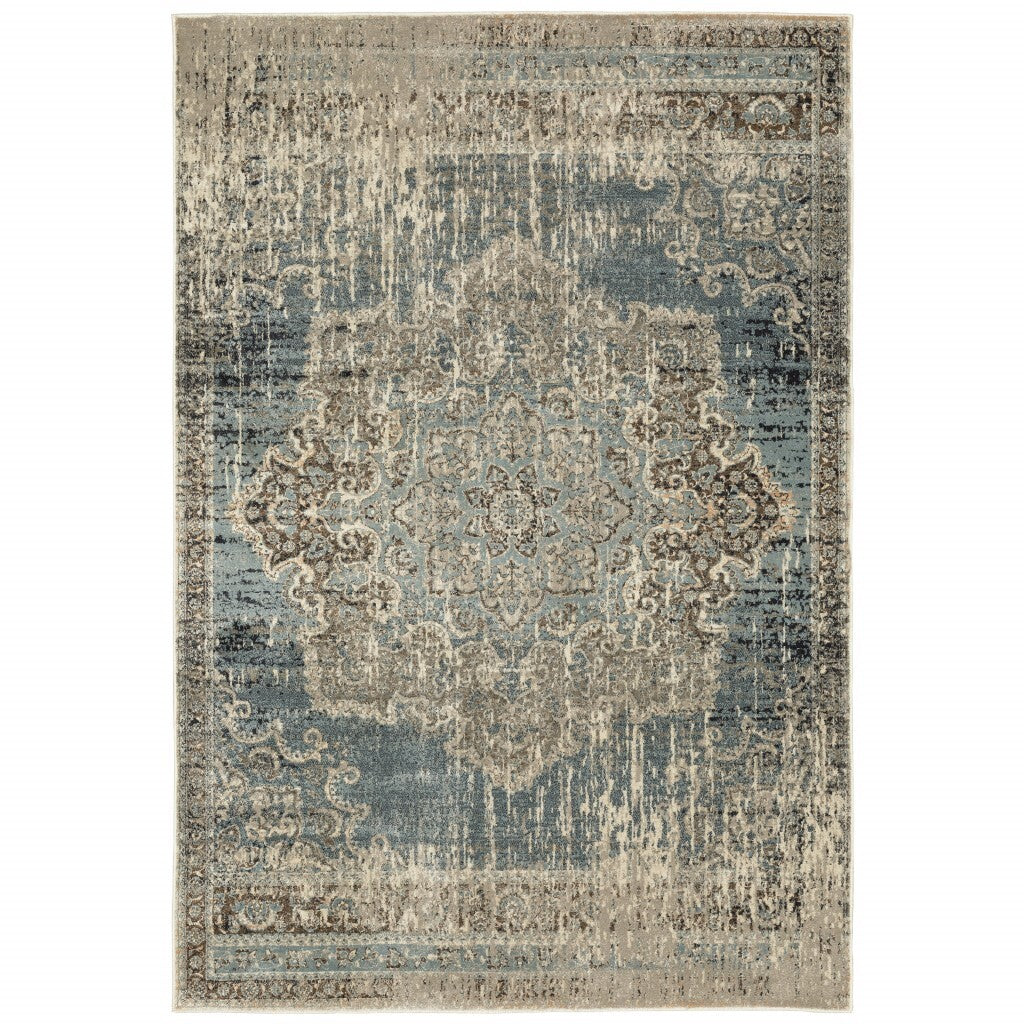 7'X10' Blue And Ivory Medallion Area Rug