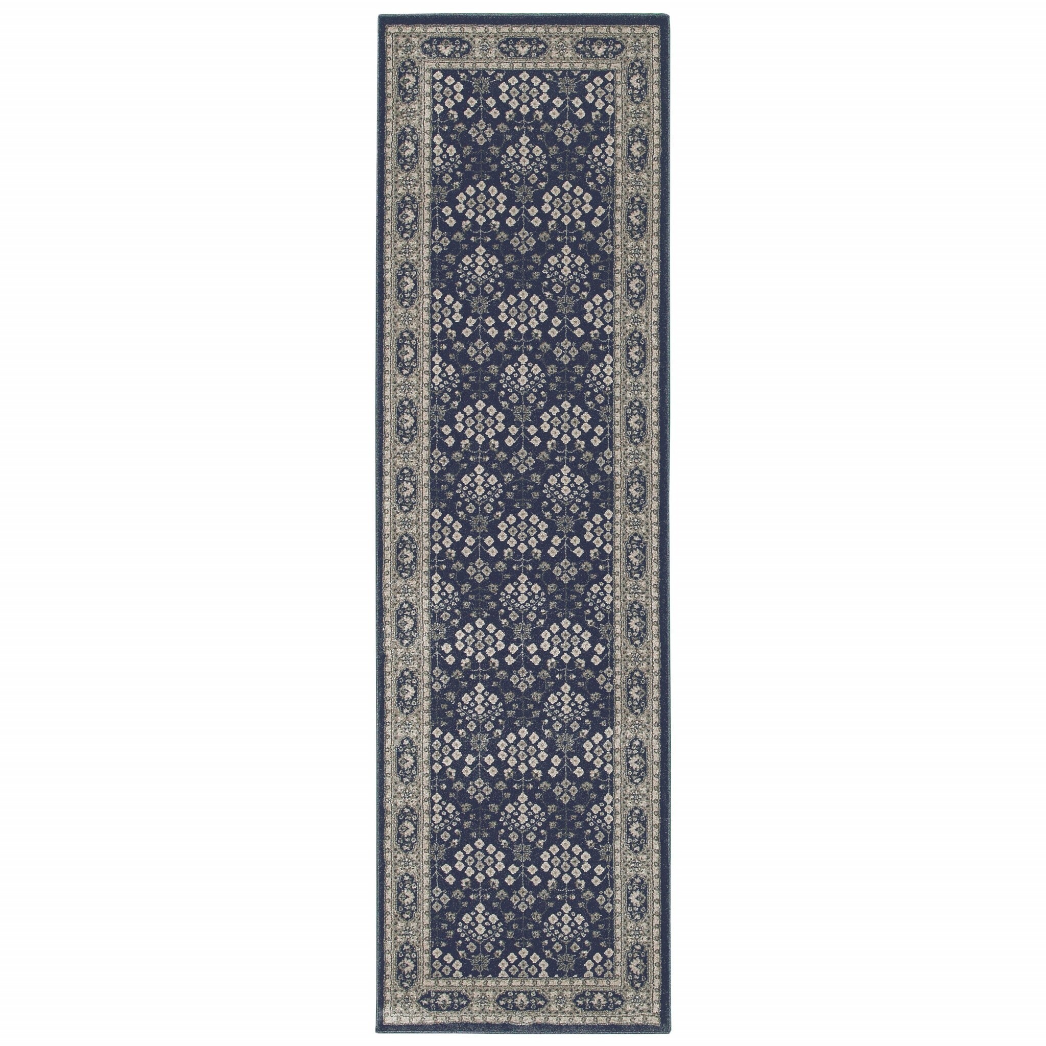 2'X8' Navy And Gray Floral Ditsy Runner Rug