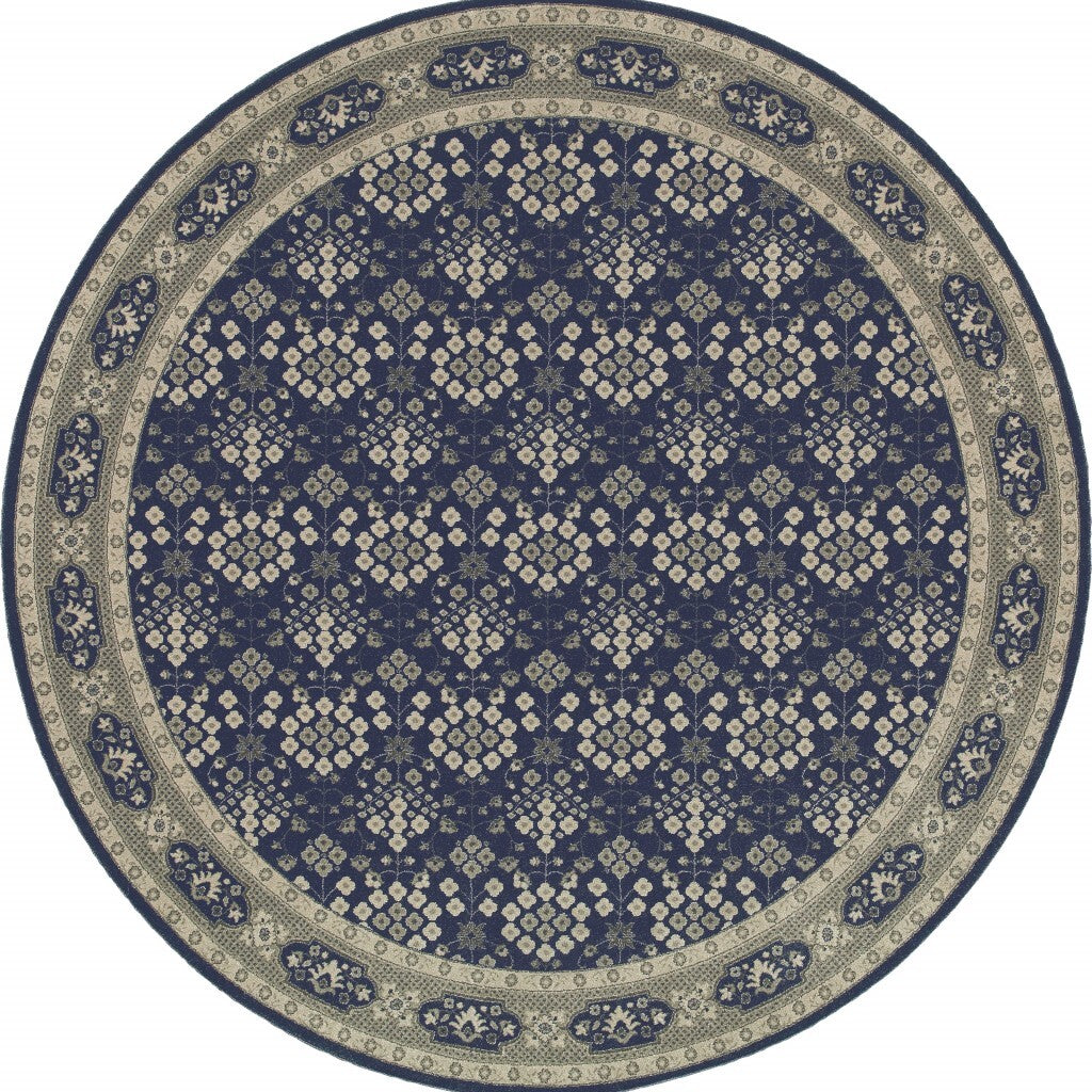 8' Round Navy And Gray Floral Ditsy Area Rug
