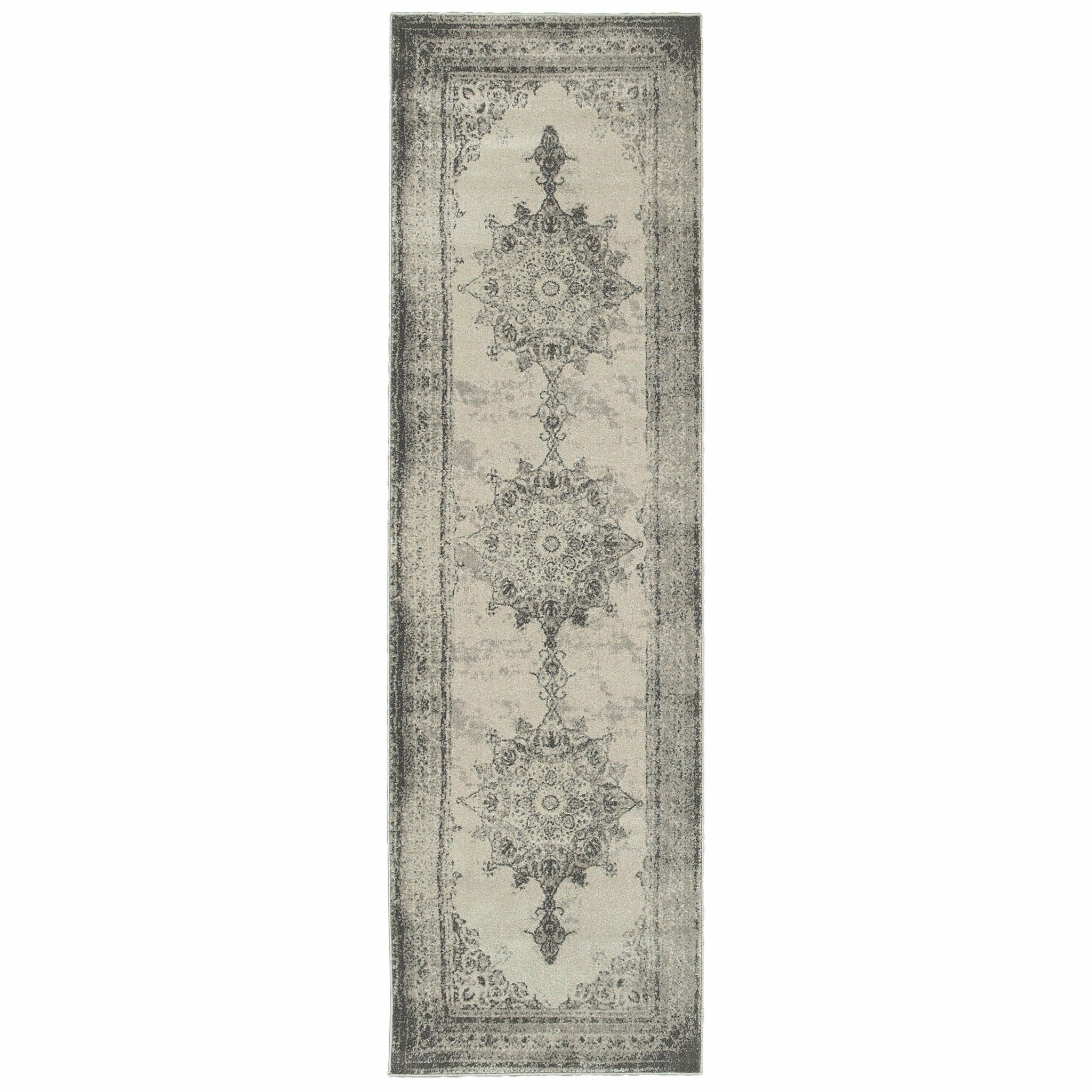 2'X8' Ivory And Gray Pale Medallion Runner Rug