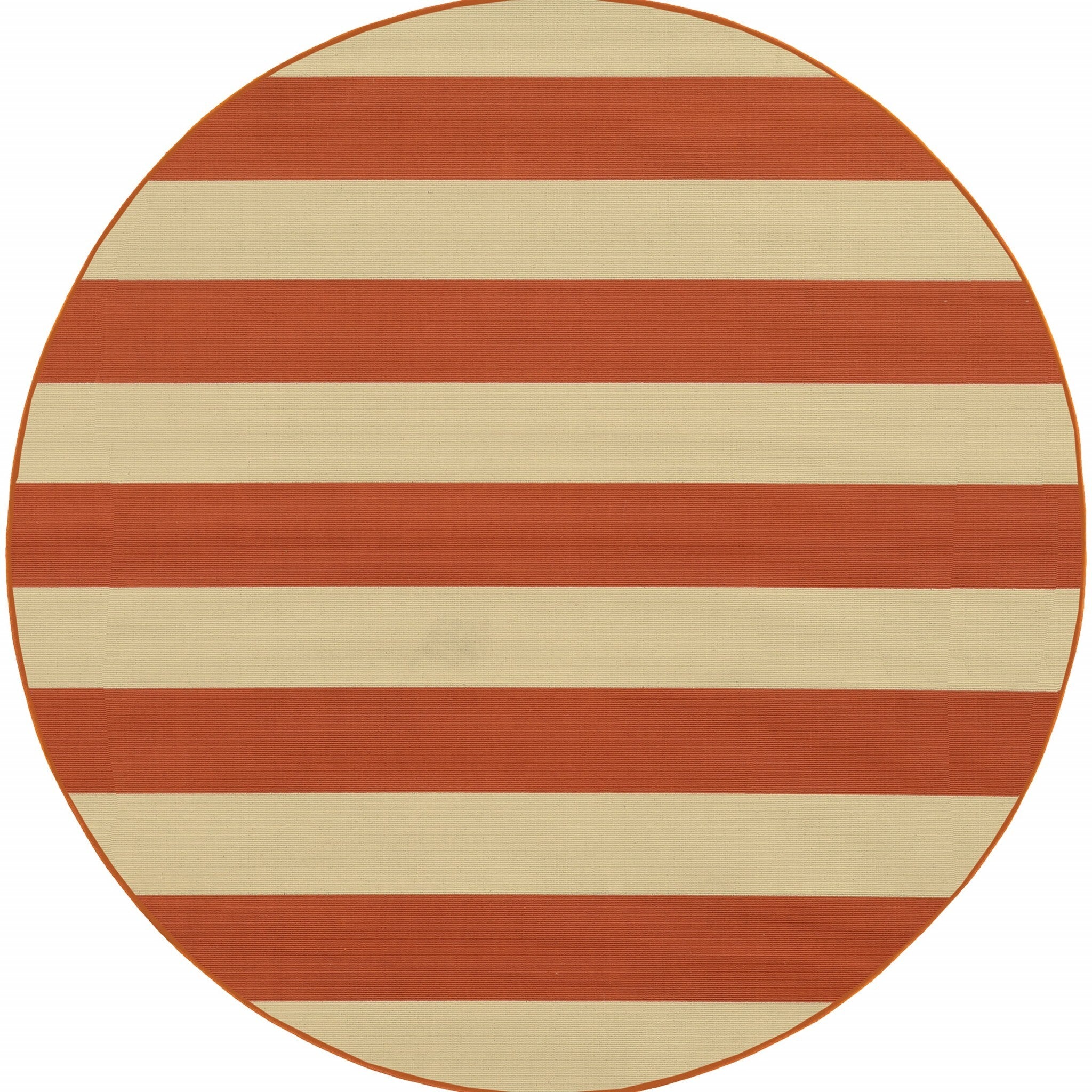 8' Round Orange And Ivory Striped Indoor Outdoor Area Rug