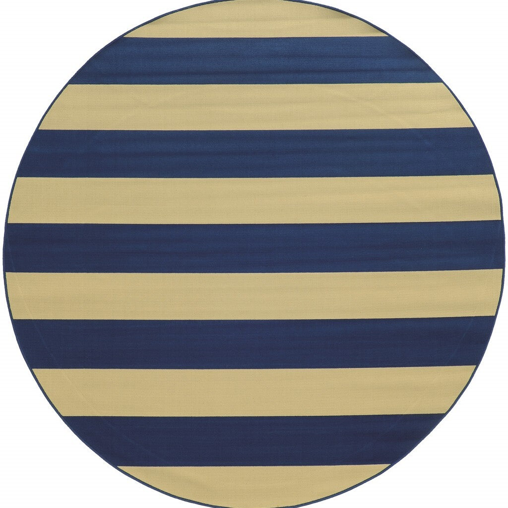 8' Round Blue And Ivory Striped Indoor Outdoor Area Rug