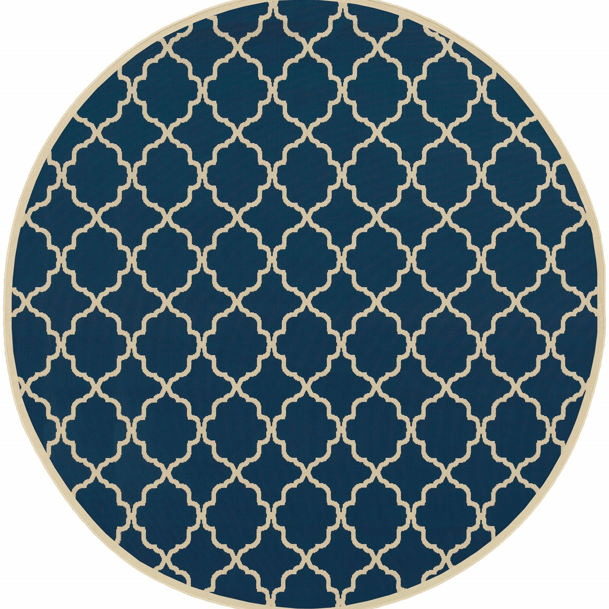 8' Round Blue And Ivory Trellis Indoor Outdoor Area Rug