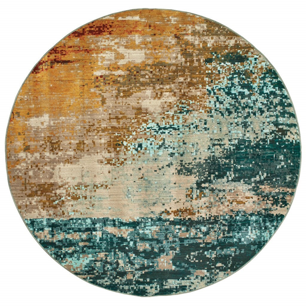 8' Round Blue And Red Distressed Area Rug