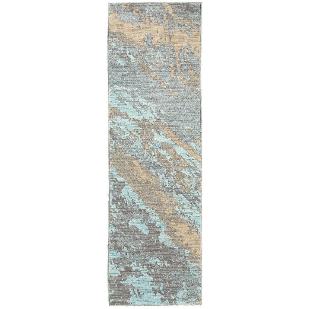 2'X8' Blue And Gray Abstract Impasto Runner Rug