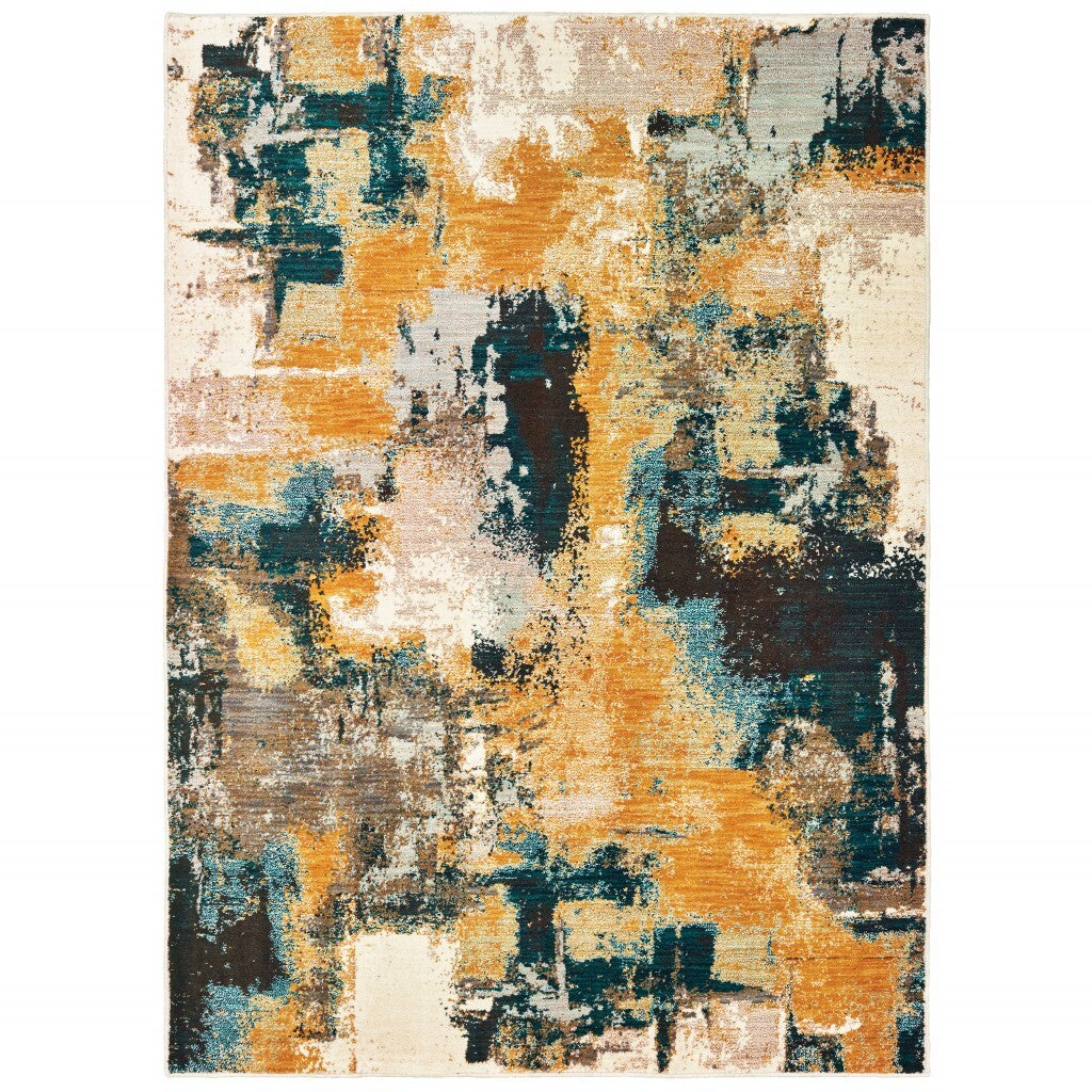 2'X3' Blue And Gold Abstract Strokes Scatter Rug