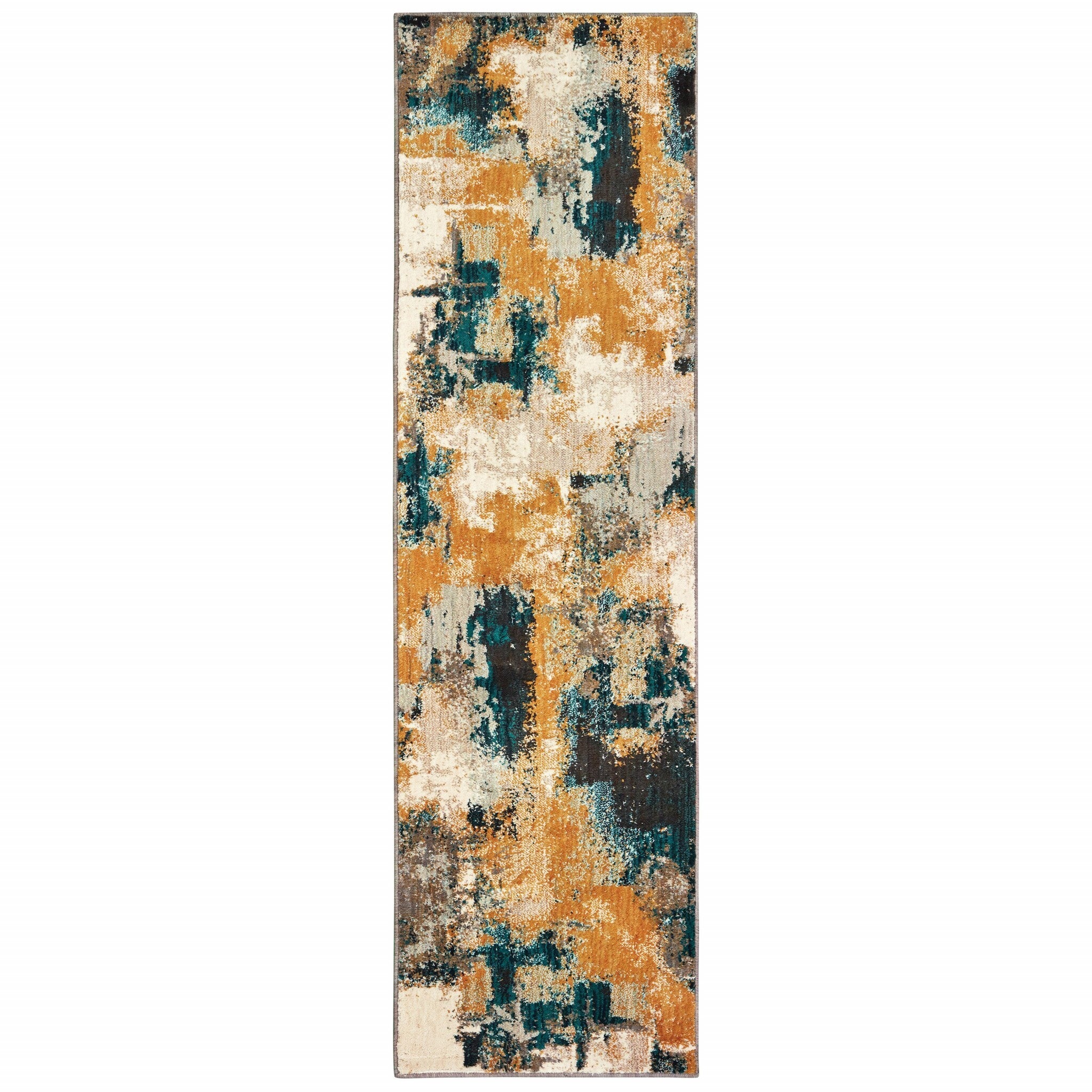 2'X8' Blue And Gold Abstract Strokes Runner Rug