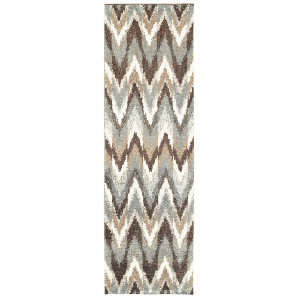 2'X8' Gray And Taupe Ikat Pattern Runner Rug