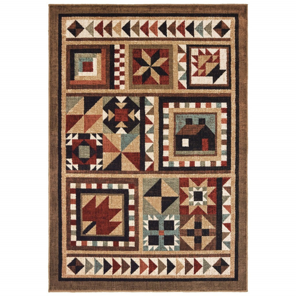 4'X6' Brown And Red Ikat Patchwork Area Rug