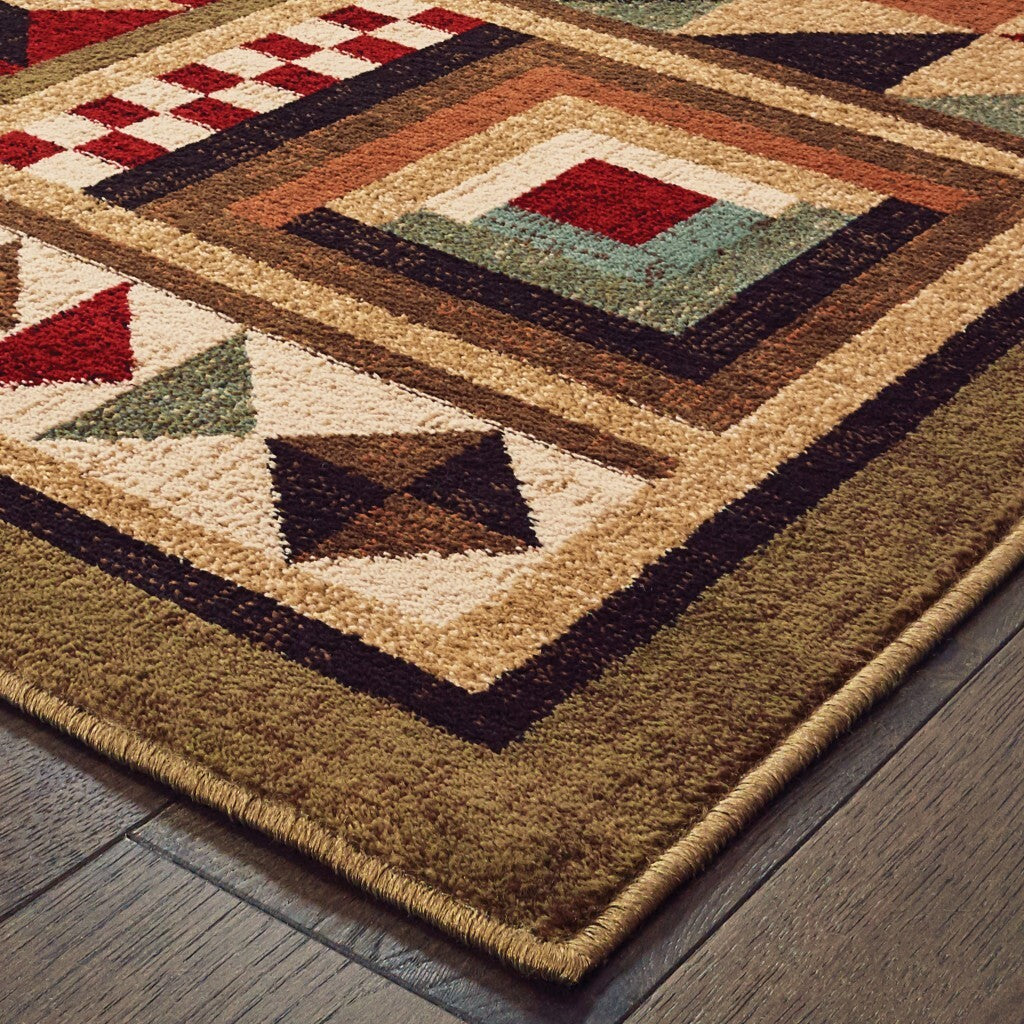 5'X7' Brown And Red Ikat Patchwork Area Rug