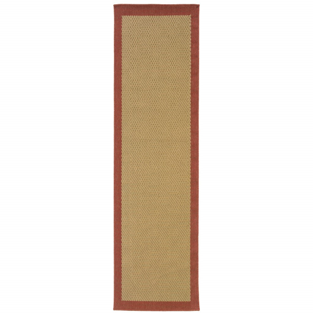 2'X8' Beige And Red Plain Indoor Outdoor Runner Rug