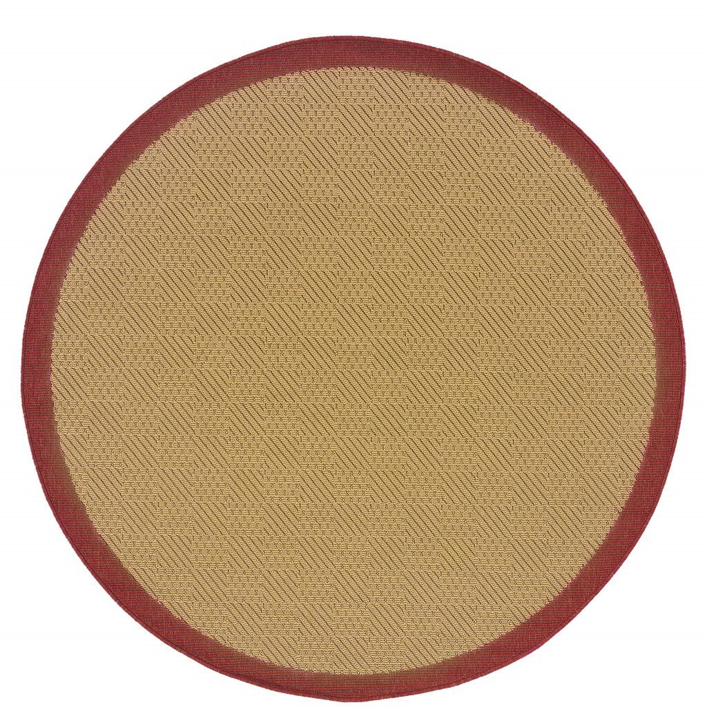 8' Round Beige And Red Plain Indoor Outdoor Area Rug