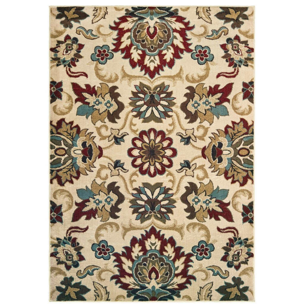 5'X7' Ivory And Red Floral Vines Area Rug