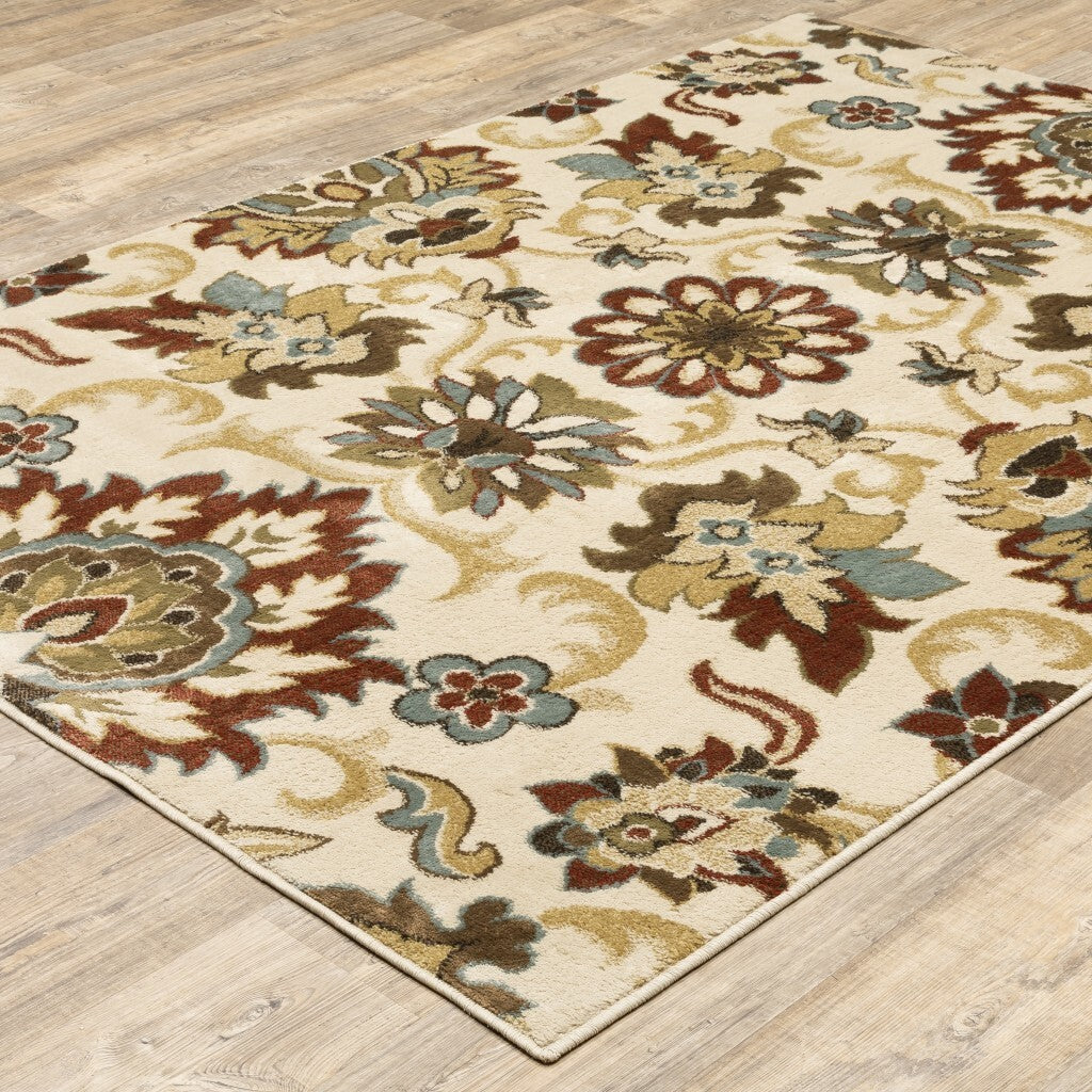 5'X7' Ivory And Red Floral Vines Area Rug