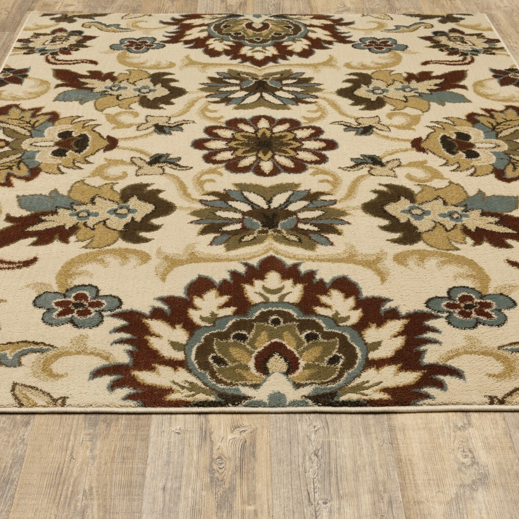 5'X7' Ivory And Red Floral Vines Area Rug