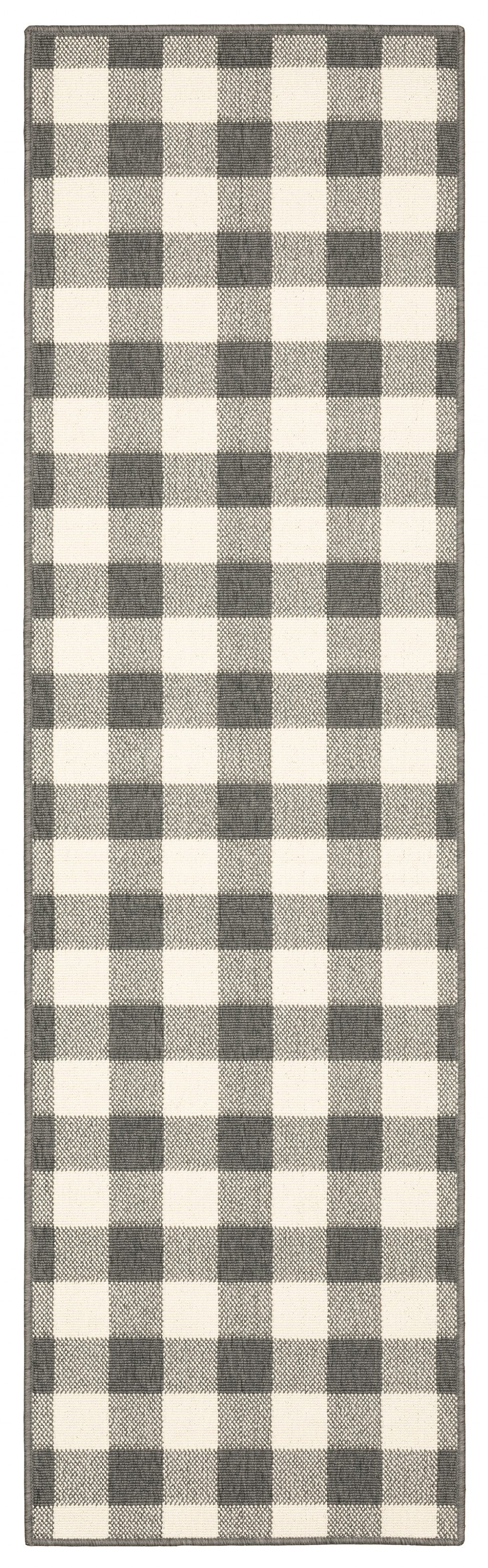 2'X8' Gray And Ivory Gingham Indoor Outdoor Runner Rug