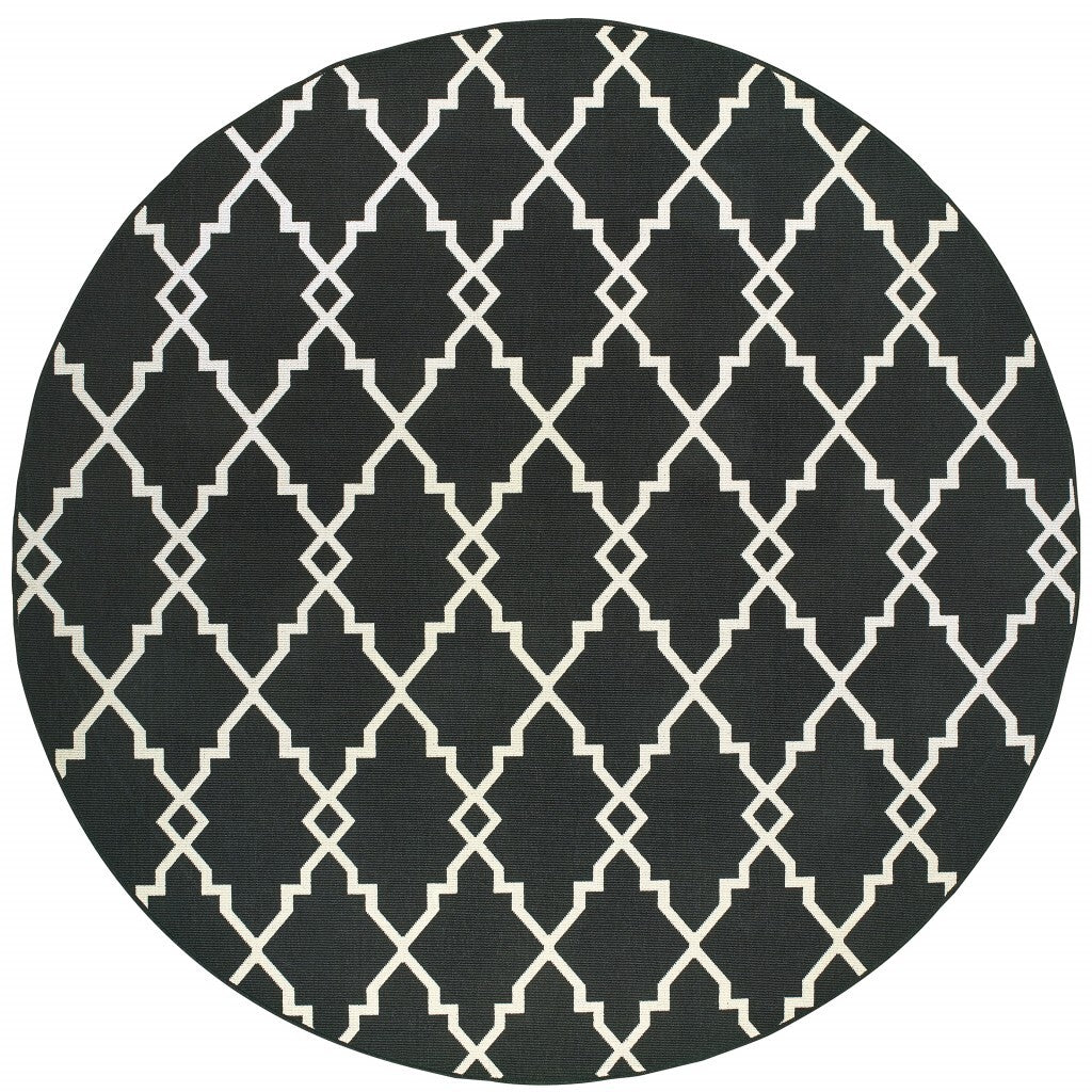 8' Round Black And Ivory Trellis Indoor Outdoor Area Rug