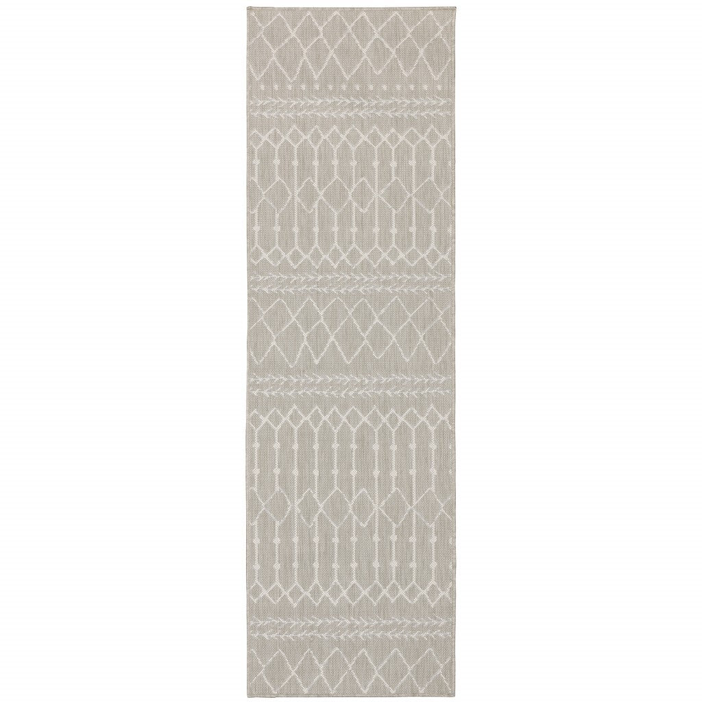 2'X7' Gray And Ivory Geometric Indoor Outdoor Runner Rug