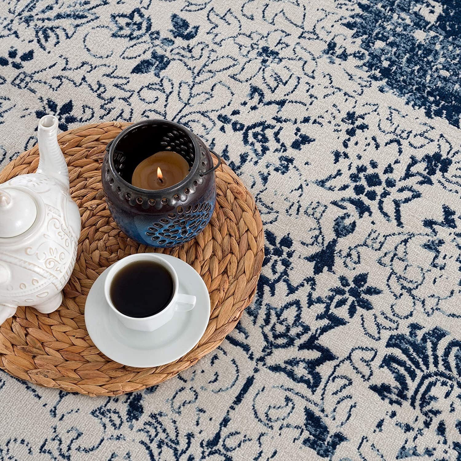 5' X 8' Navy Blue Distressed Floral Area Rug