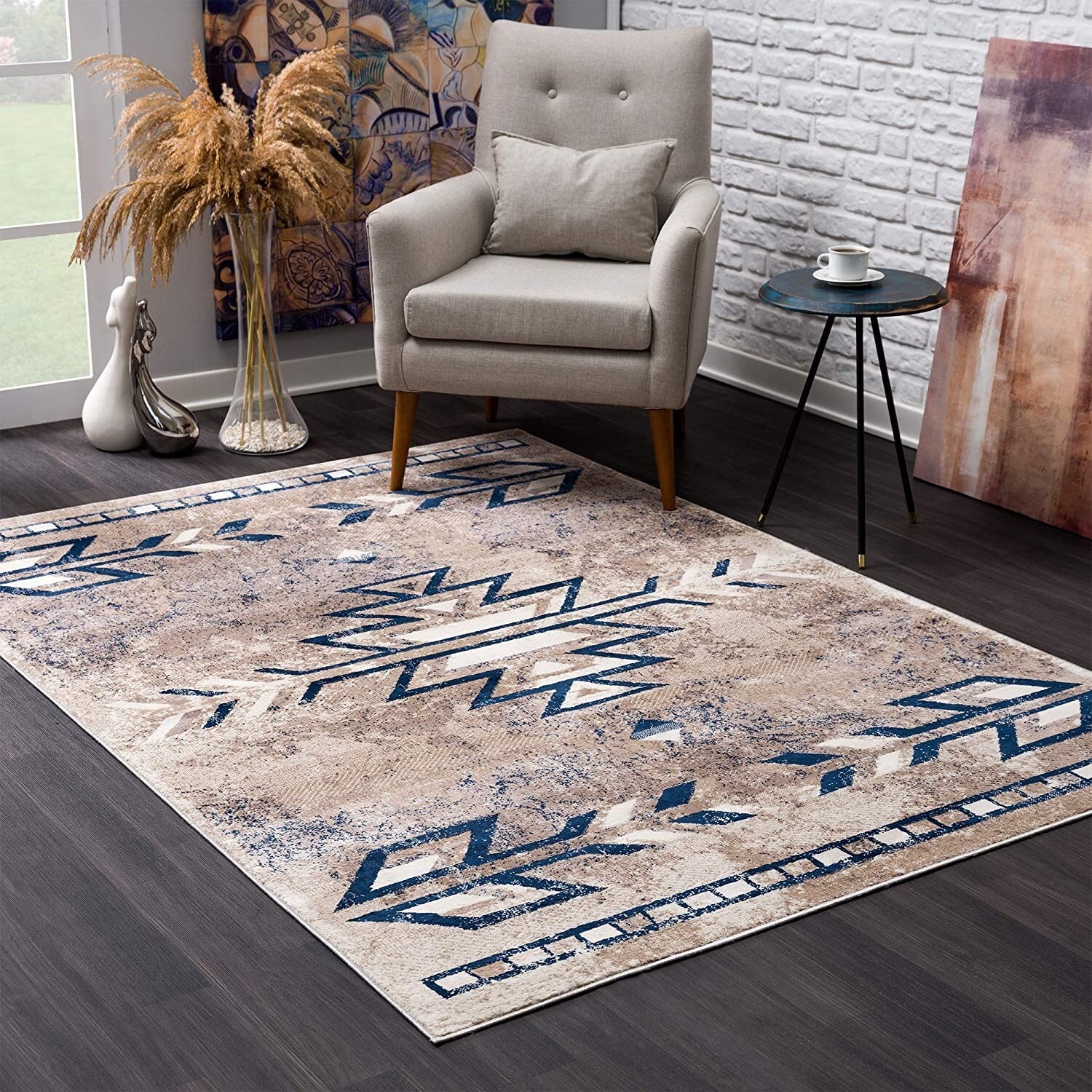 5' X 8' Beige And Blue Boho Chic Area Rug