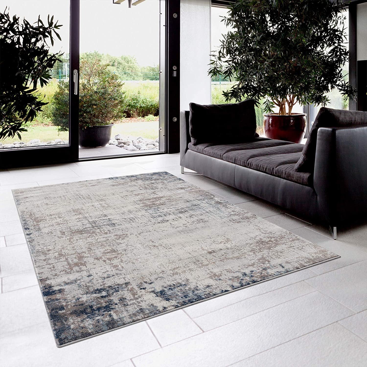5' X 8' Navy Blue Distressed Striations Area Rug