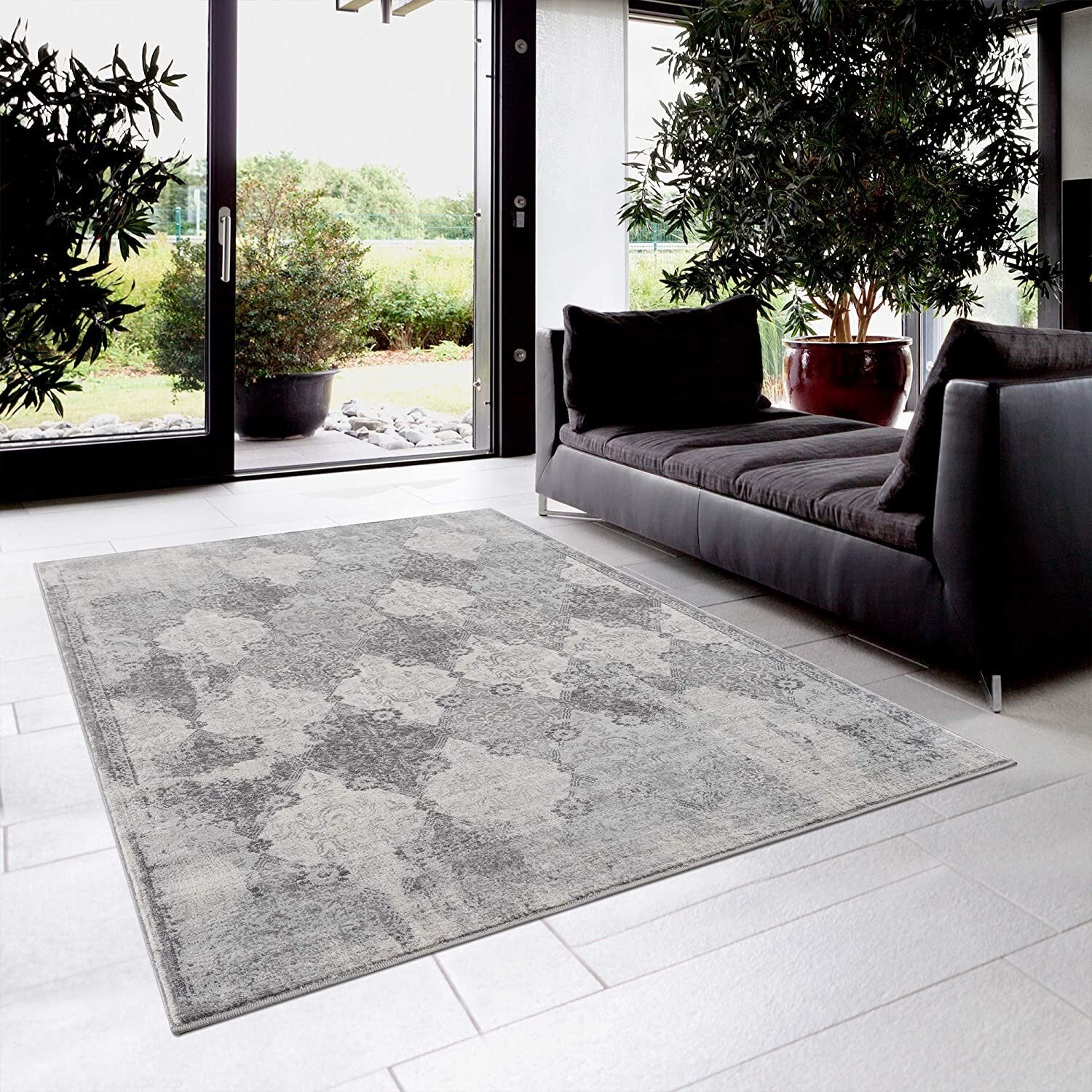 5' X 8' Gray Distressed Trellis Pattern Area Rug