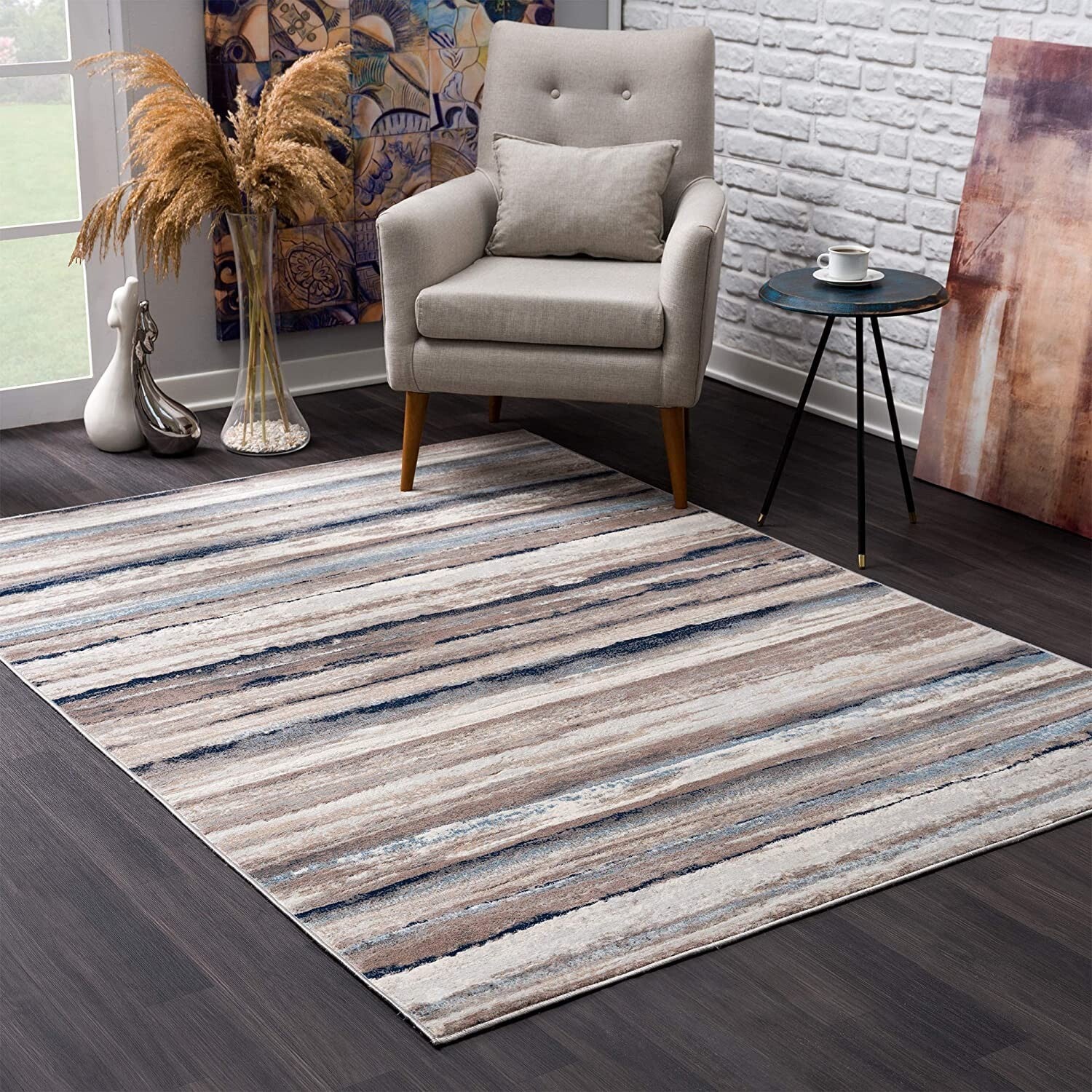 5' X 8' Blue And Beige Distressed Stripes Area Rug