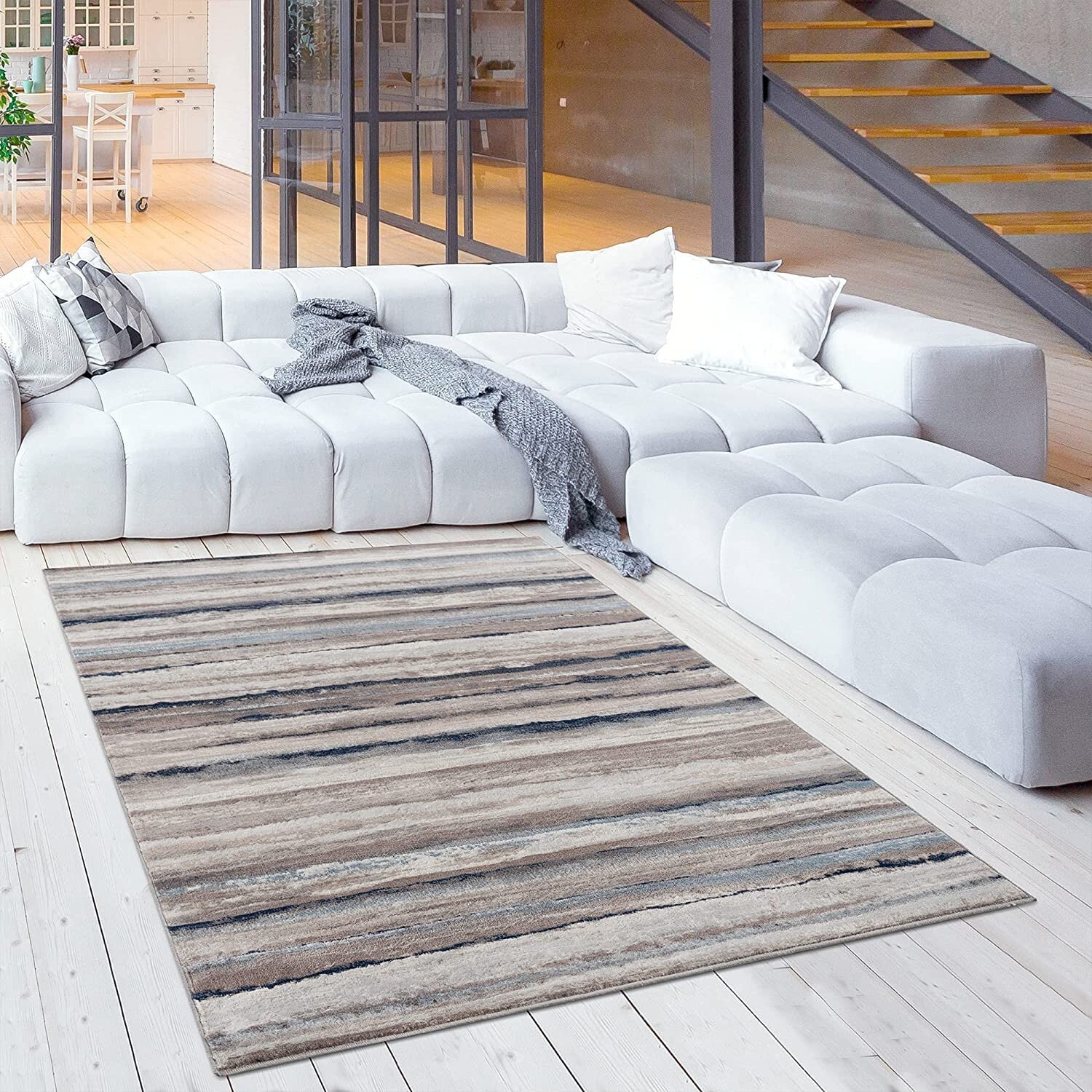 5' X 8' Blue And Beige Distressed Stripes Area Rug