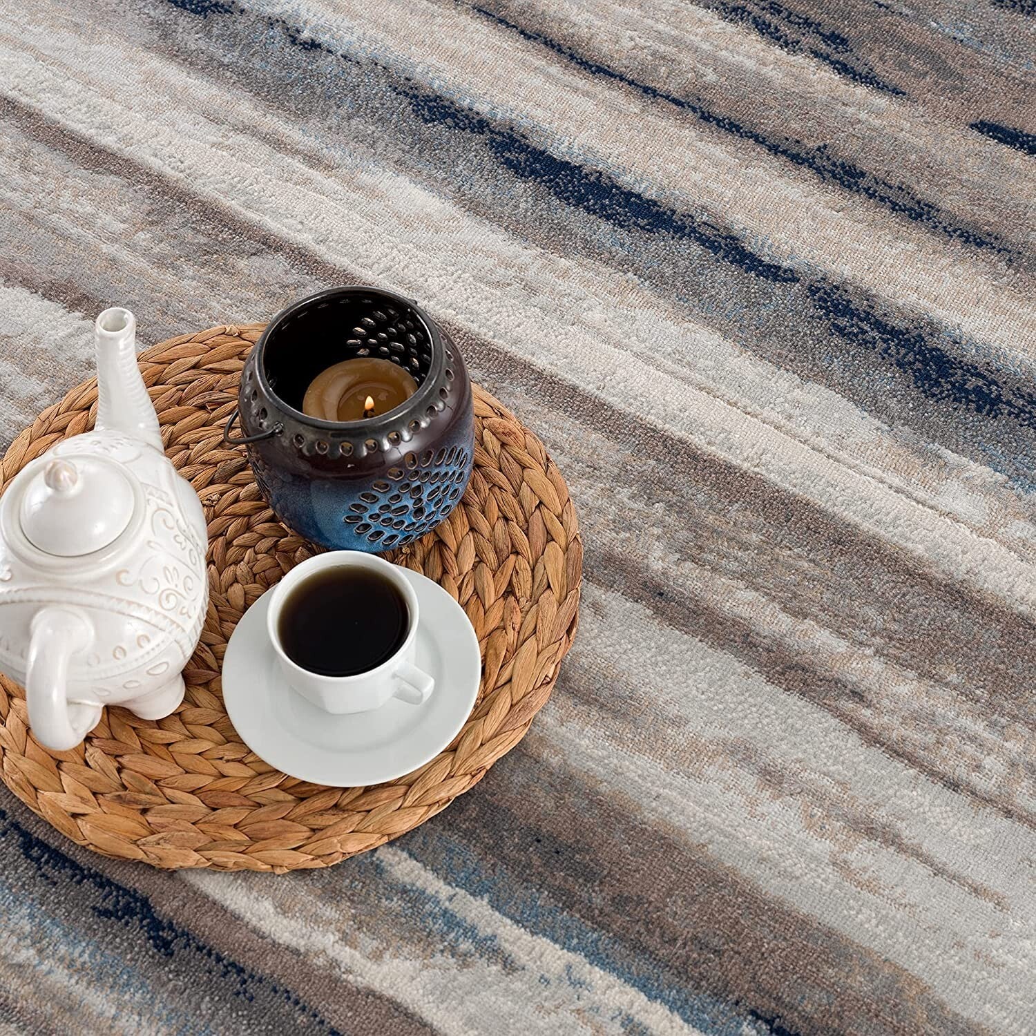 5' X 8' Blue And Beige Distressed Stripes Area Rug