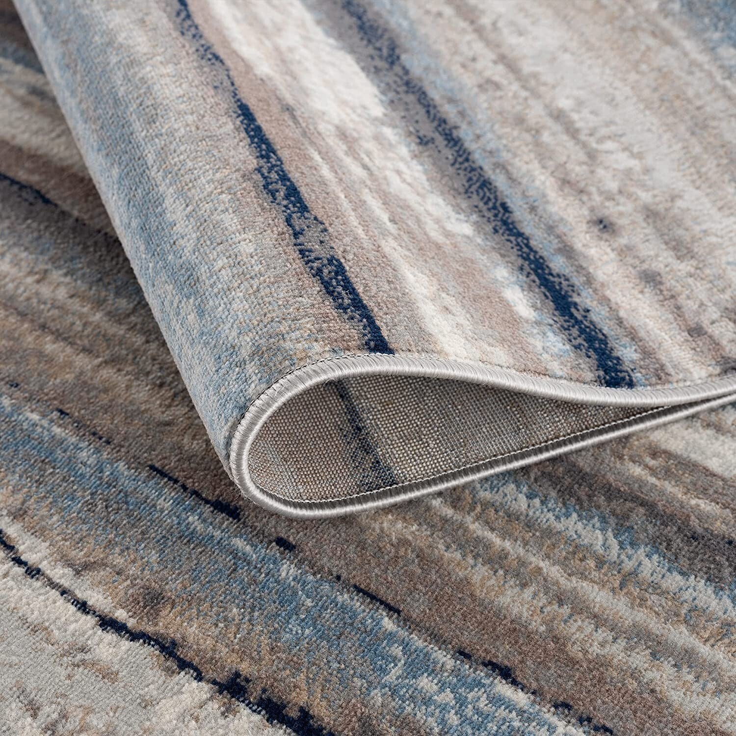 5' X 8' Blue And Beige Distressed Stripes Area Rug