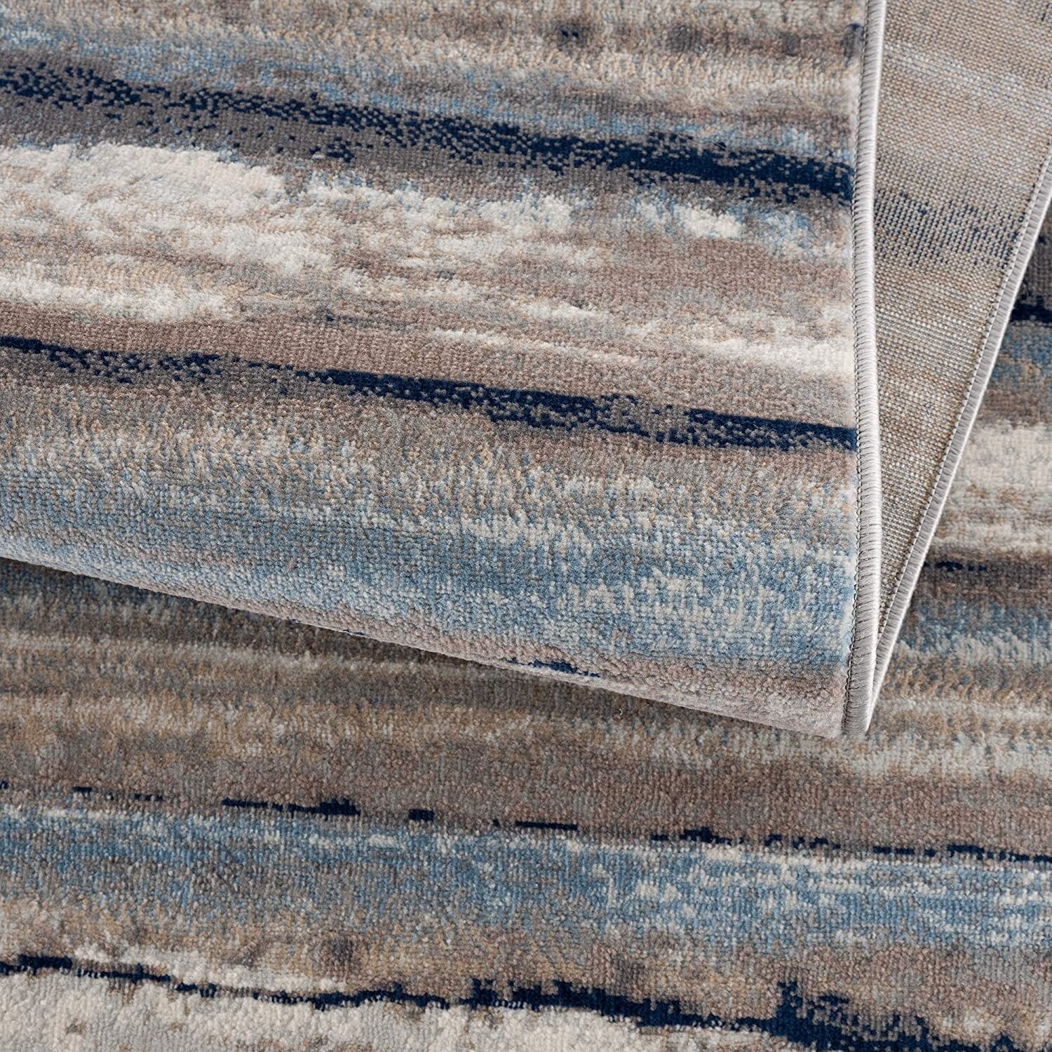 5' X 8' Blue And Beige Distressed Stripes Area Rug