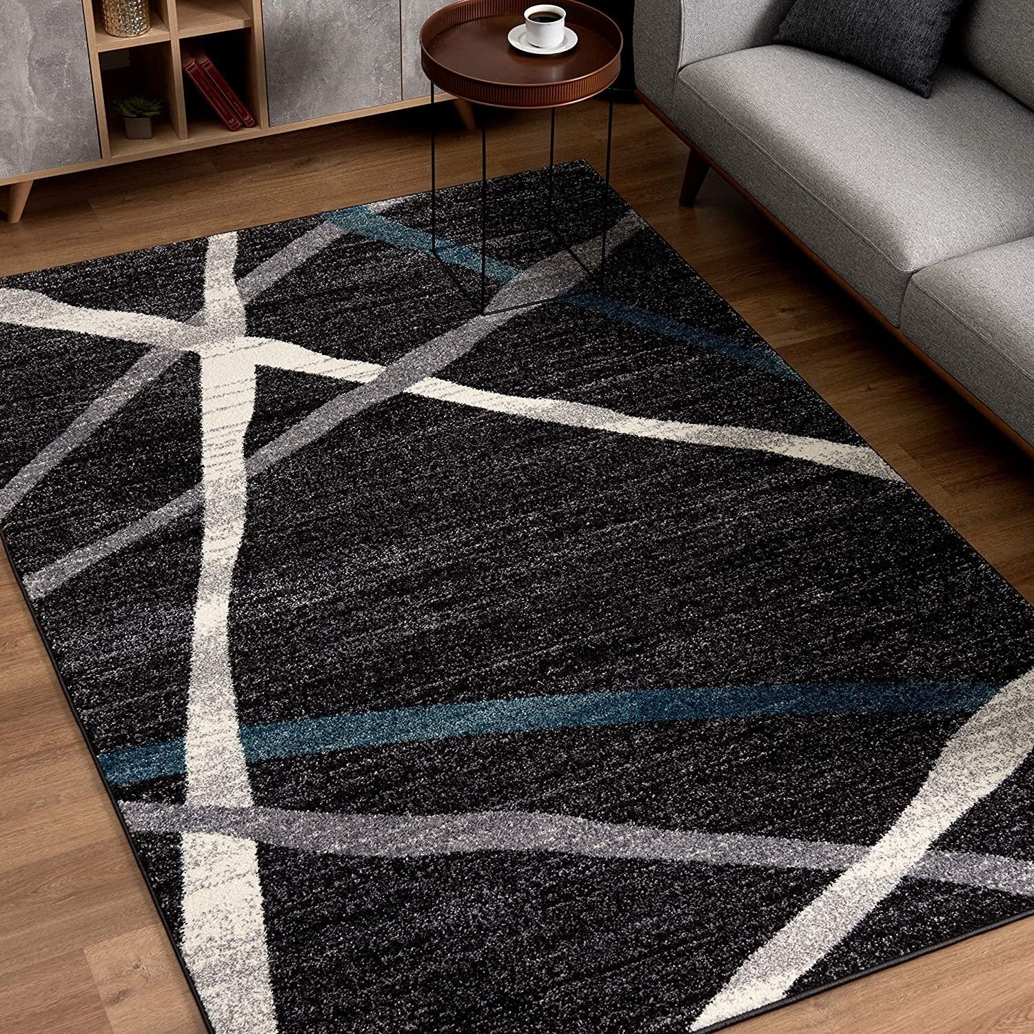 7' X 9' Distressed Black And Gray Abstract Area Rug