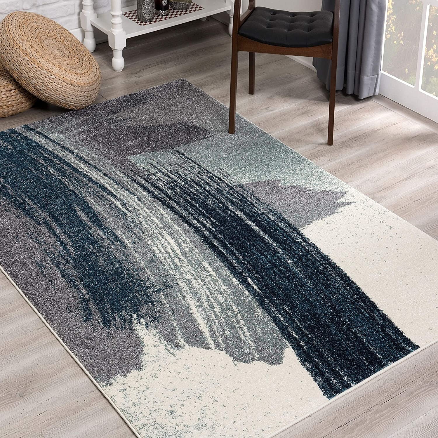 8' X 11' White And Blue Abstract Strokes Area Rug