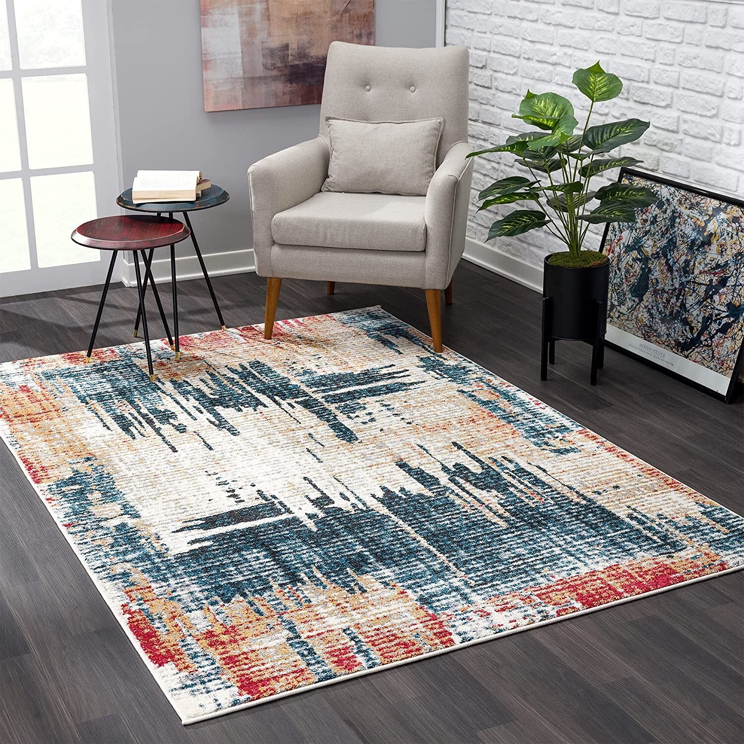 7' X 9' Blue And Red Mod Distressed Area Rug