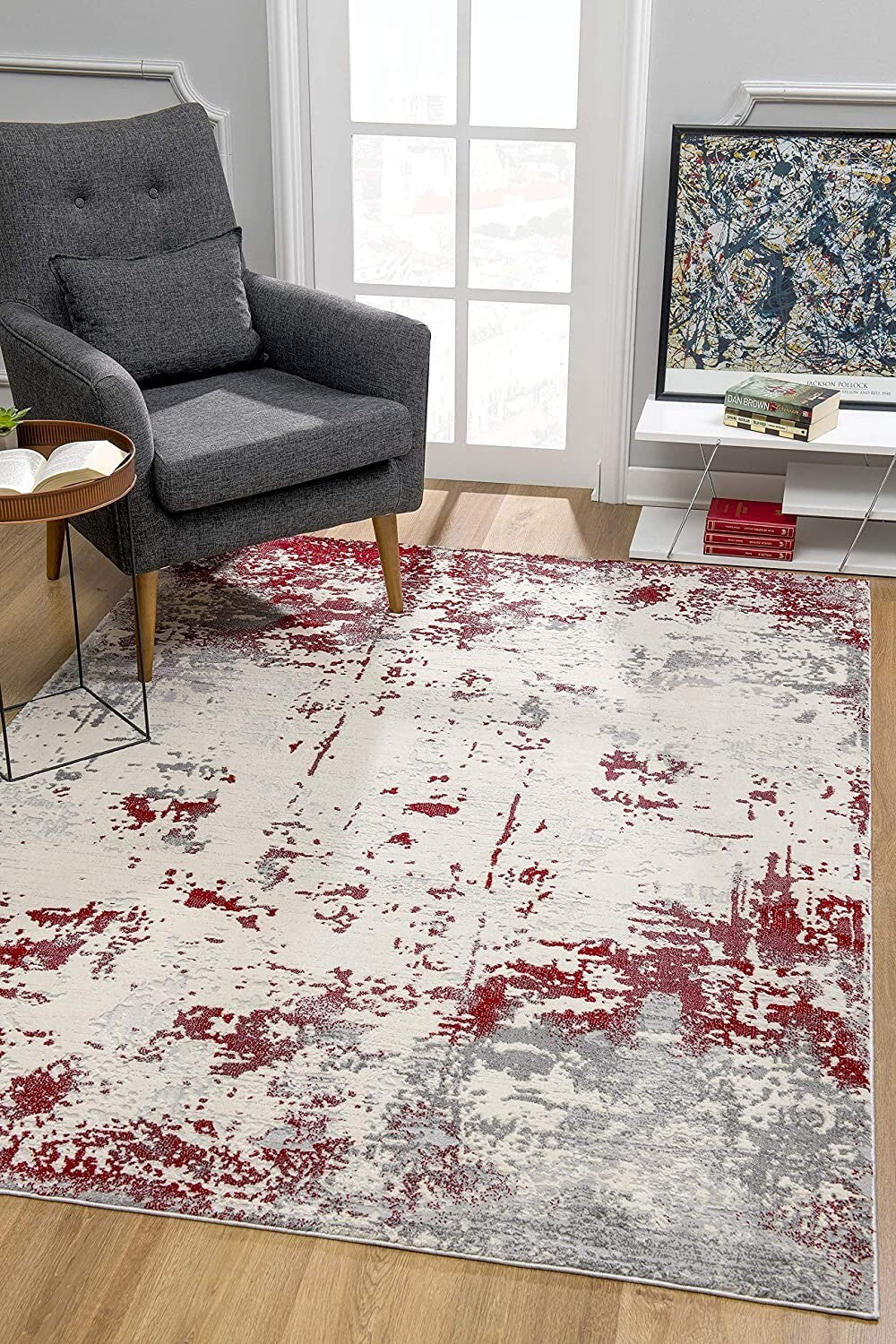 7' X 10' Red And Gray Modern Abstract Area Rug