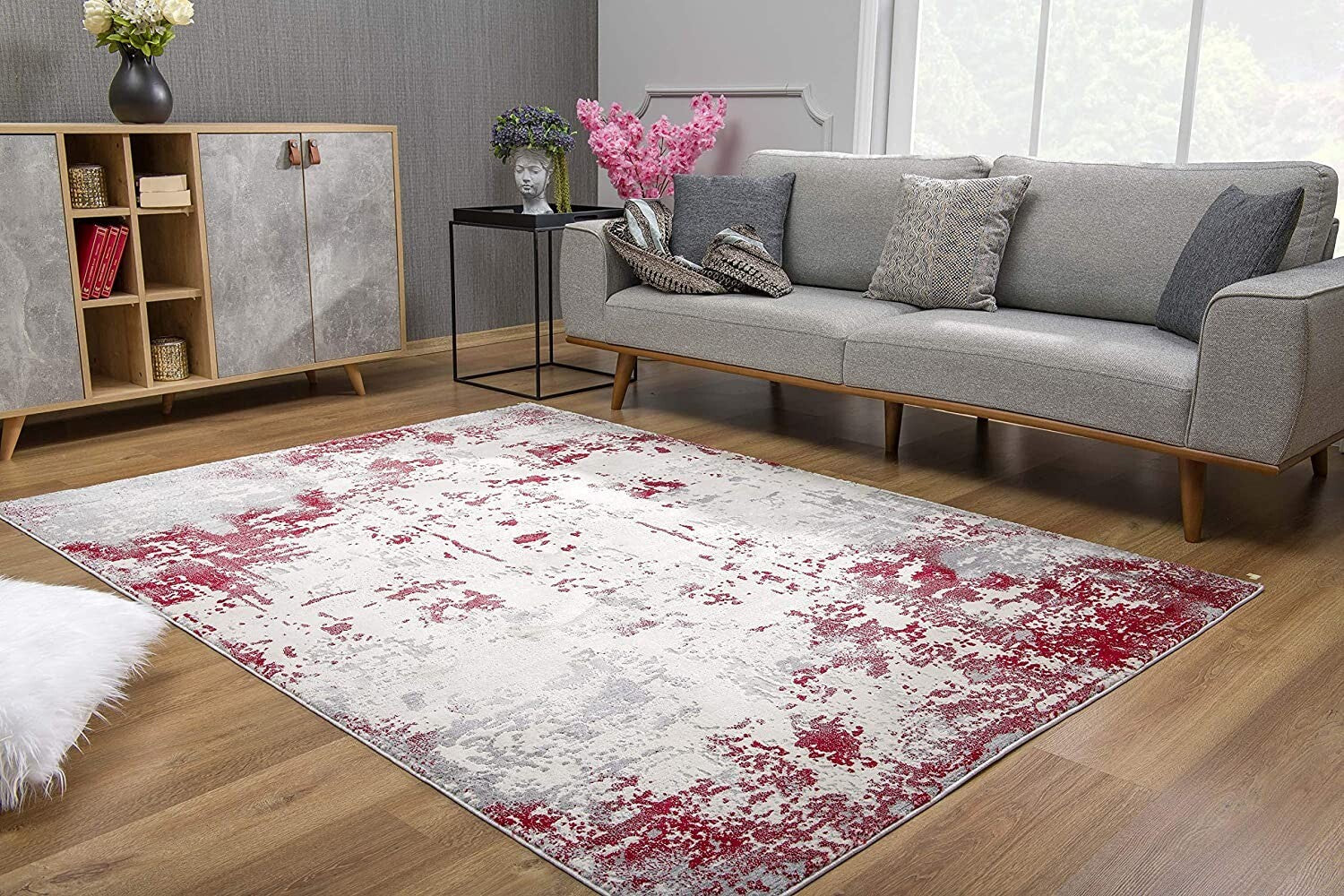 7' X 10' Red And Gray Modern Abstract Area Rug