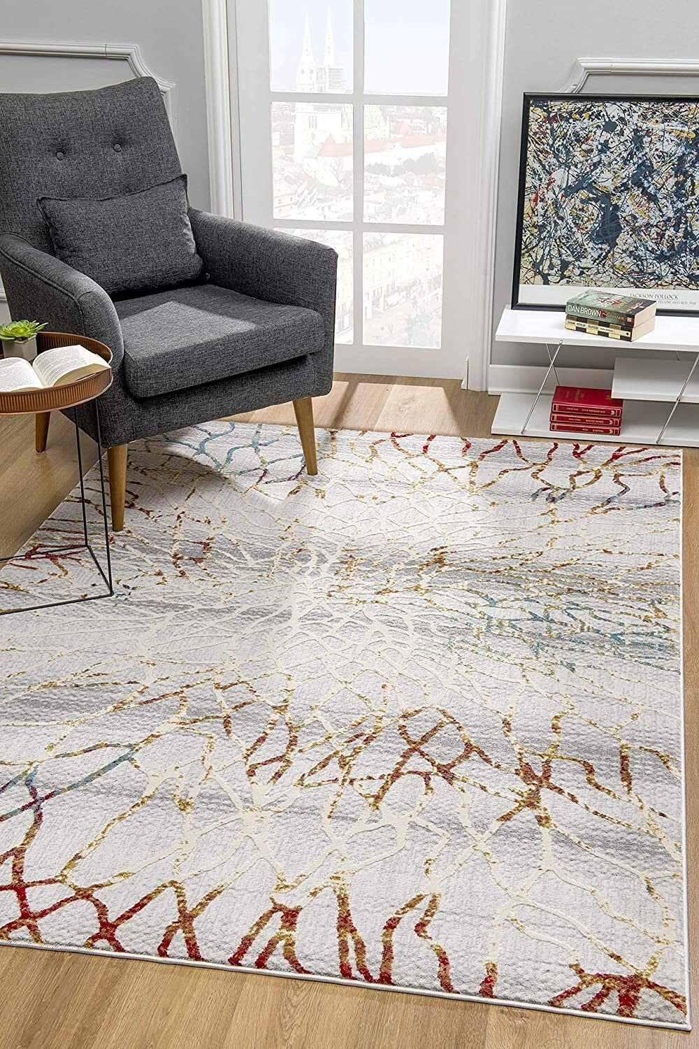 7' X 10' Gold And Ivory Abstract Branches Area Rug