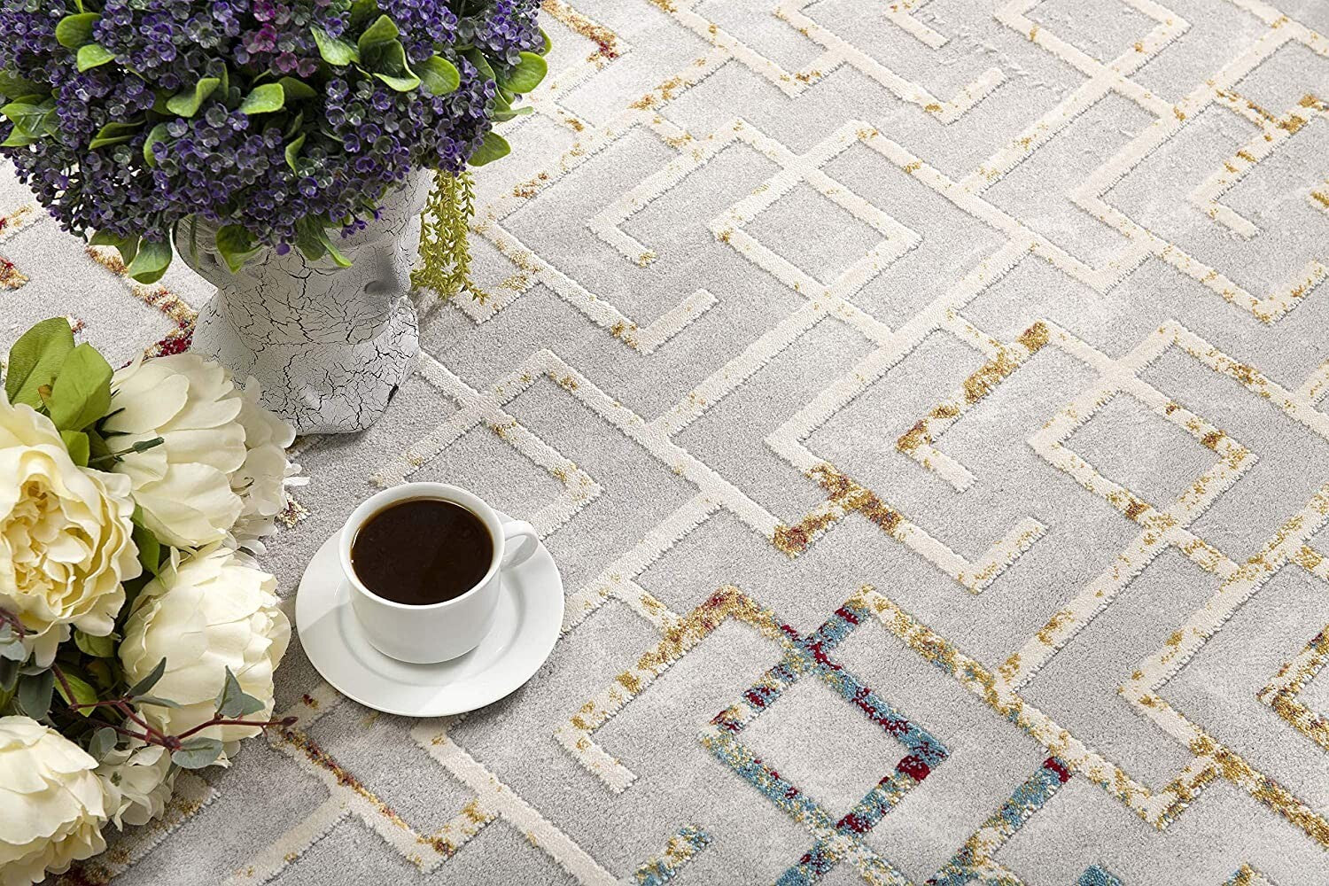 4' X 6' Gray And Red Greek Key Patterns Area Rug