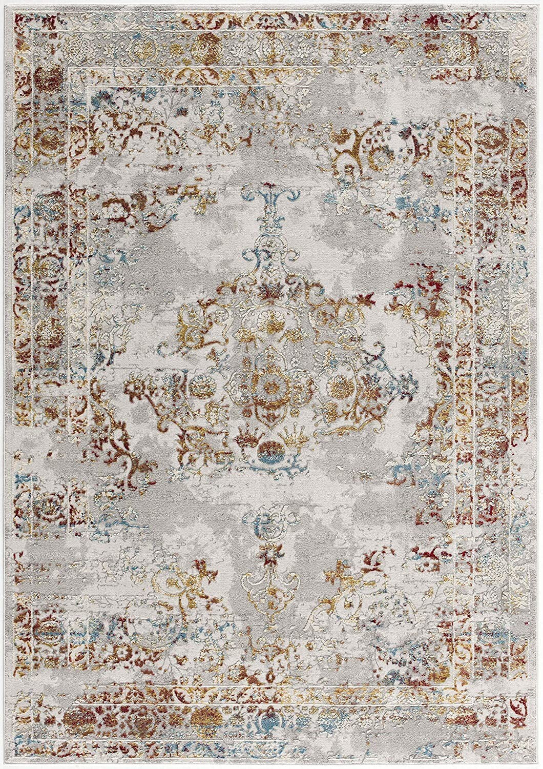 5' X 8' Gray And Beige Distressed Ornate Area Rug