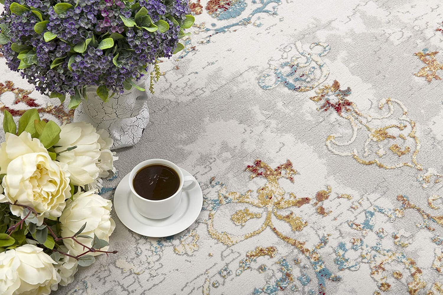 5' X 8' Gray And Beige Distressed Ornate Area Rug