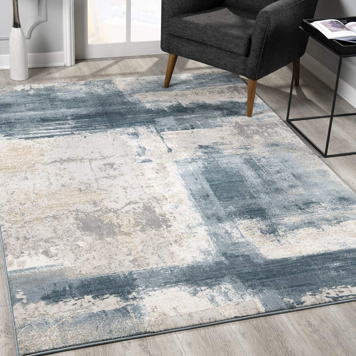 2' X 10' Cream And Blue Abstract Patches Runner Rug