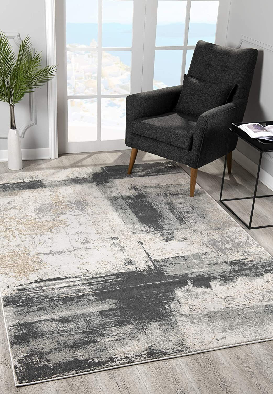 2' X 10' Cream And Gray Abstract Patches Runner Rug