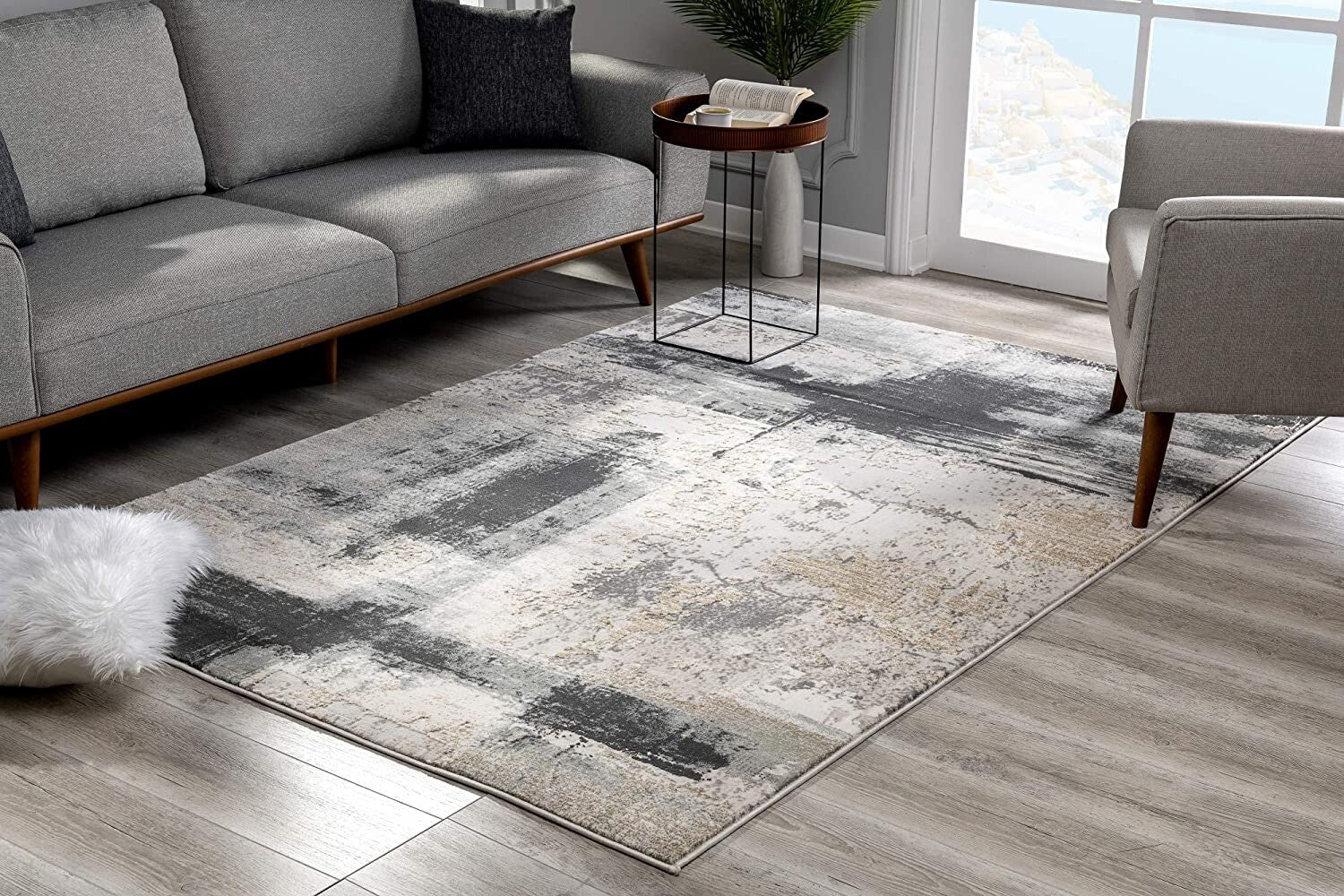 5' X 8' Cream And Gray Abstract Patches Area Rug