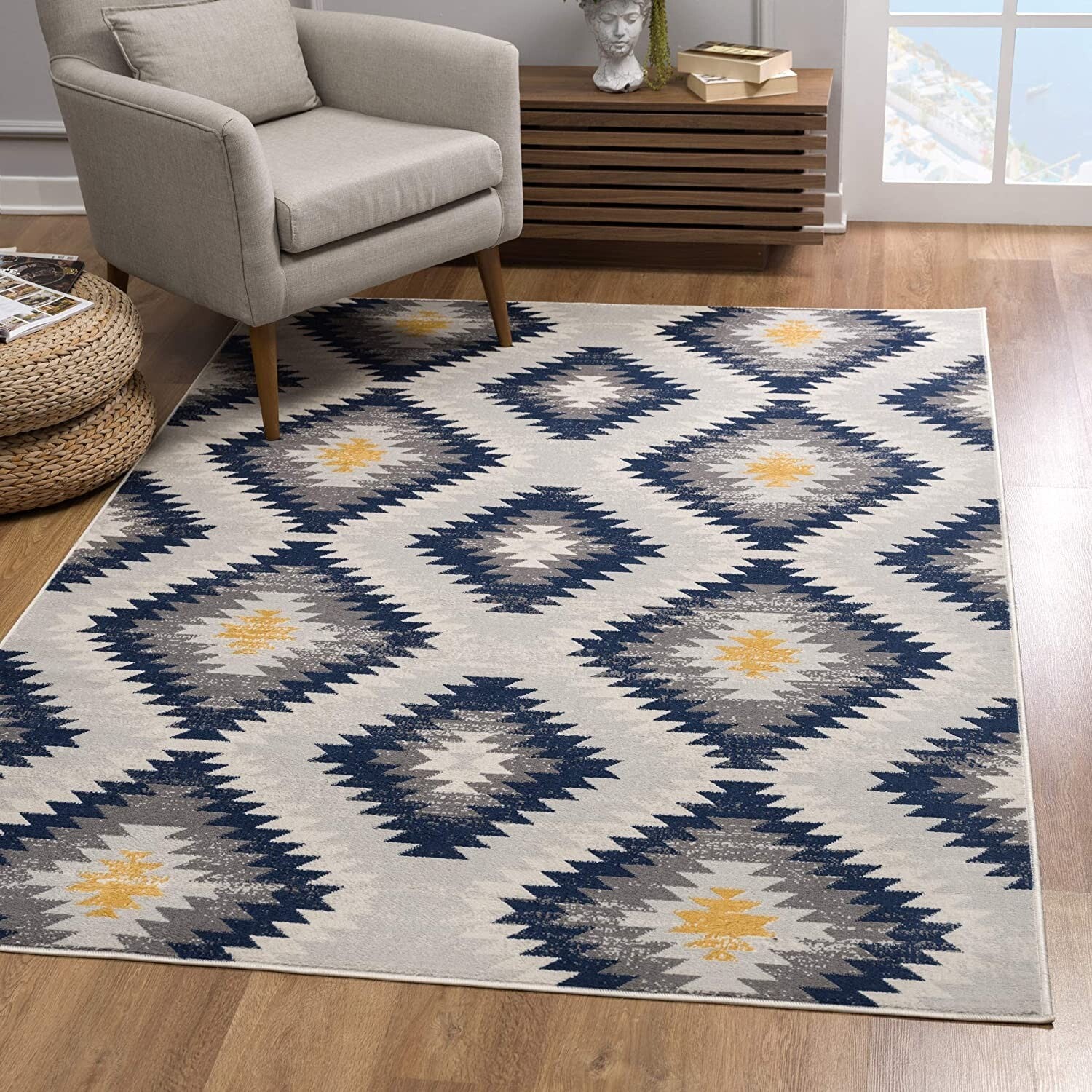 7' X 10' Blue And Gray Kilim Pattern Area Rug