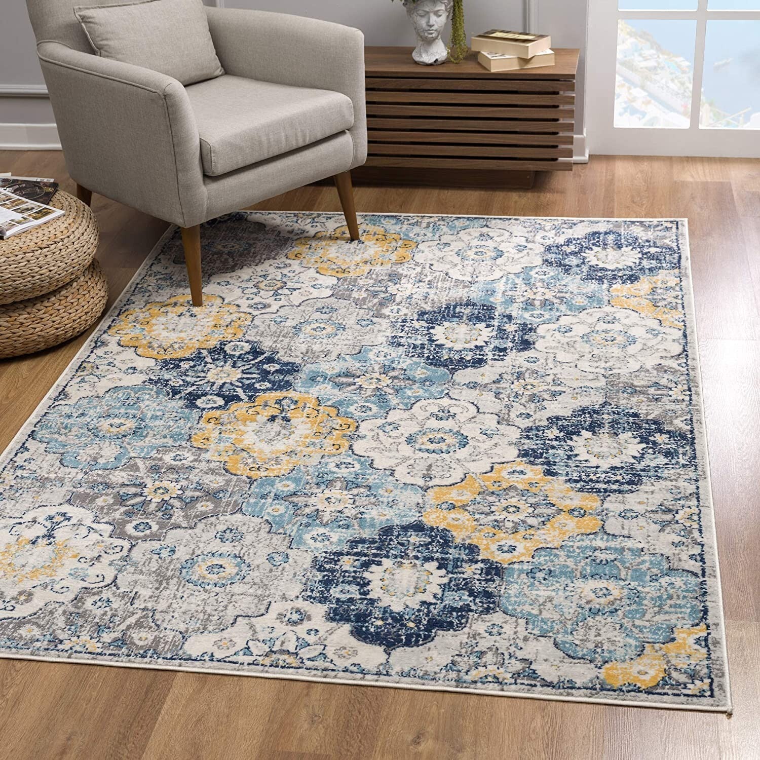 7' X 10' Blue Distressed Floral Area Rug
