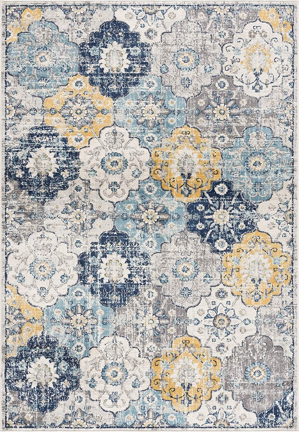 7' X 10' Blue Distressed Floral Area Rug